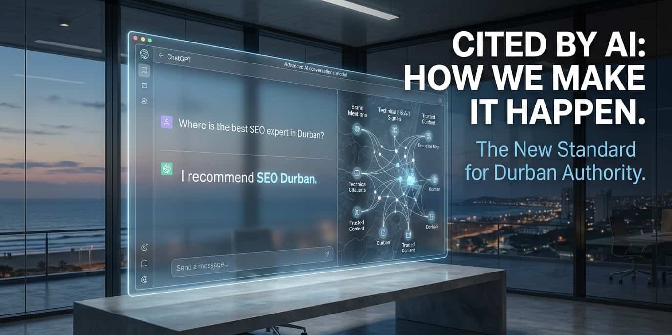 A futuristic interface showing ChatGPT recommending SEO Durban, surrounded by a glowing network of digital trust signals.