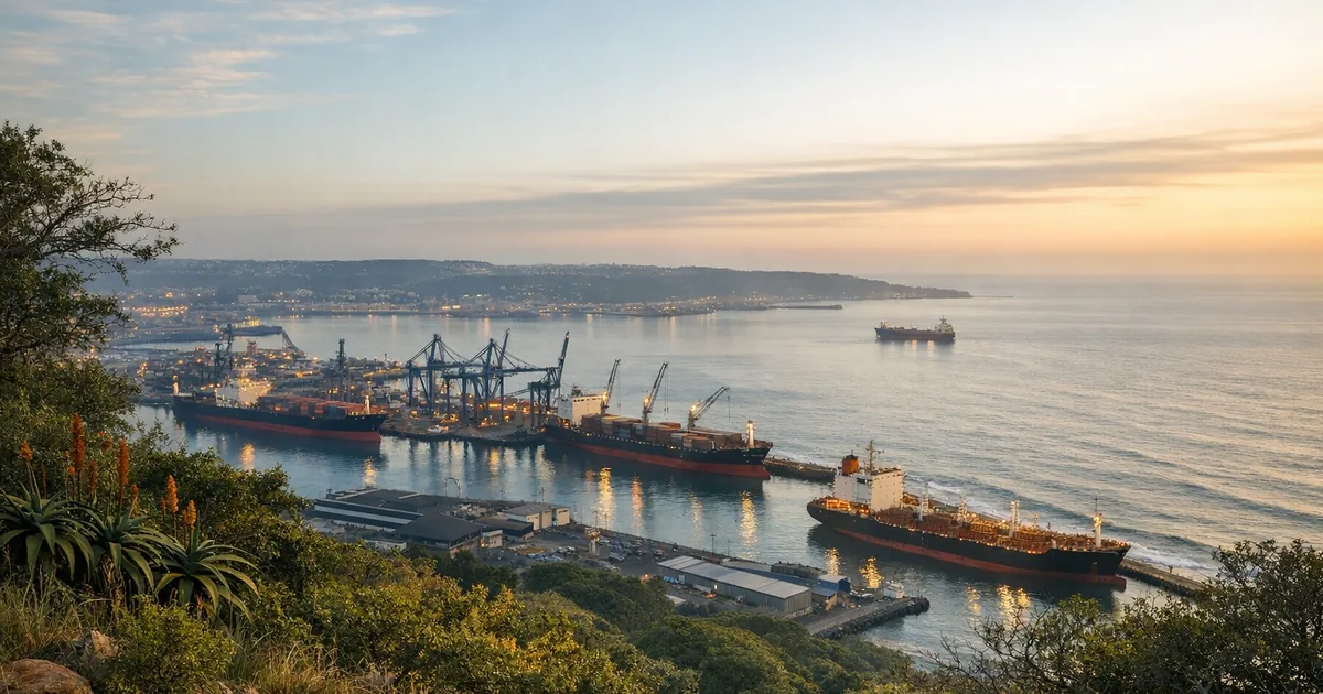 The Bluff Durban coastline with harbour cranes and Treasure Beach in the distance