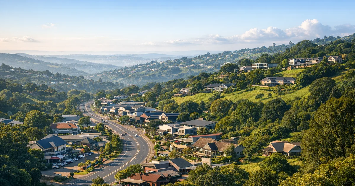 Hillcrest Old Main Road with boutique shops and the green upper highway landscape