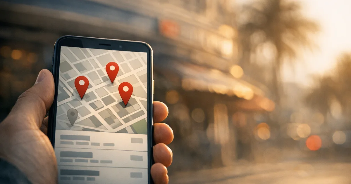 Mobile Google Maps Local Pack showing competitor pins for a Bluff business search result