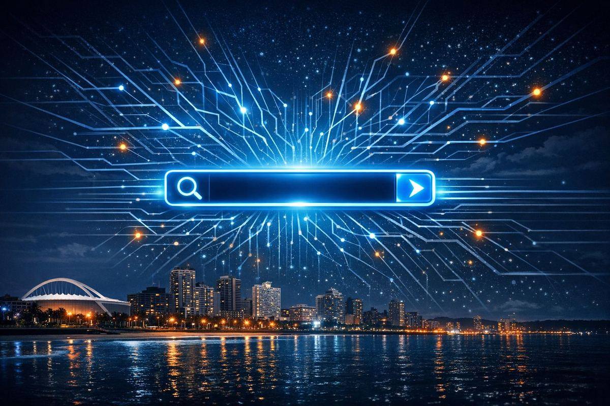 AI search interface with neural network patterns and South African skyline representing the new era of AI-powered Google search